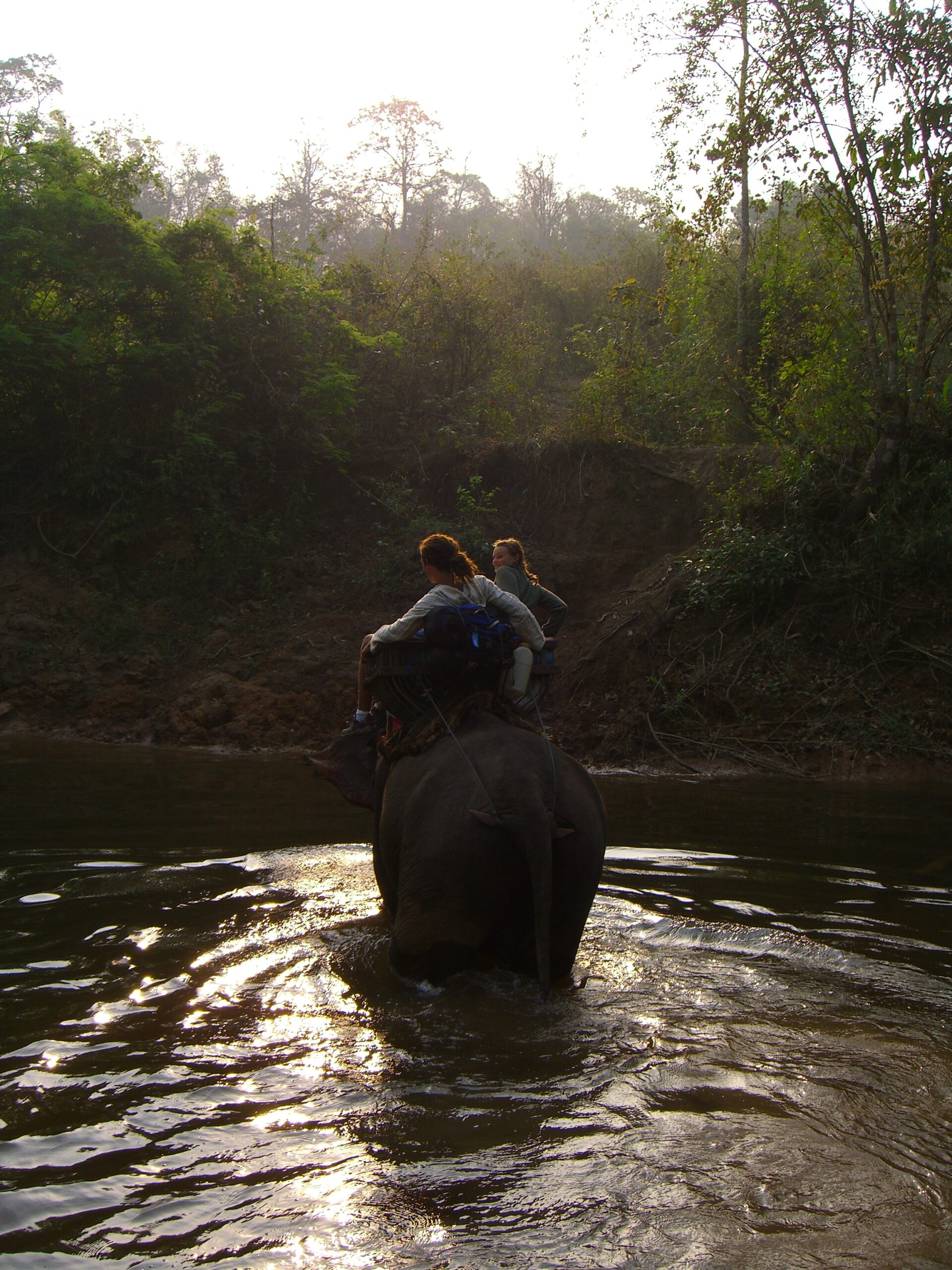 Tourists ride an elephant through a river in the jungle near Um Phang