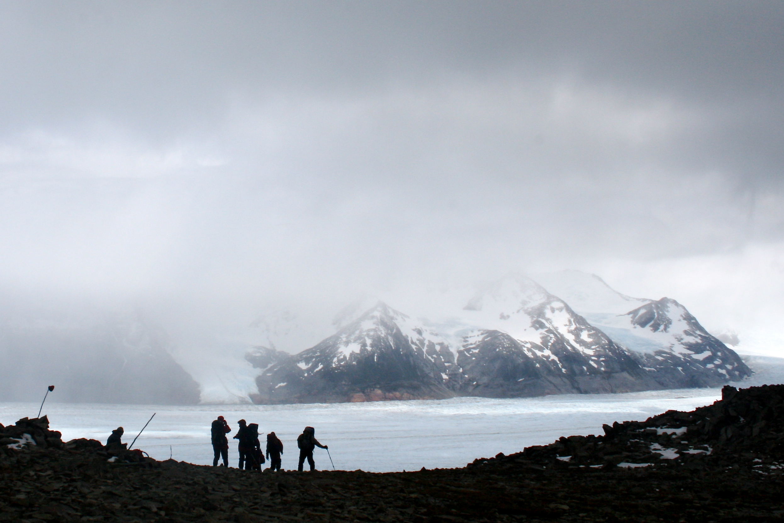 Hikers admire the view of Glaciar Grey on the Torres del Paine Circuit in Chilean Patagonia.