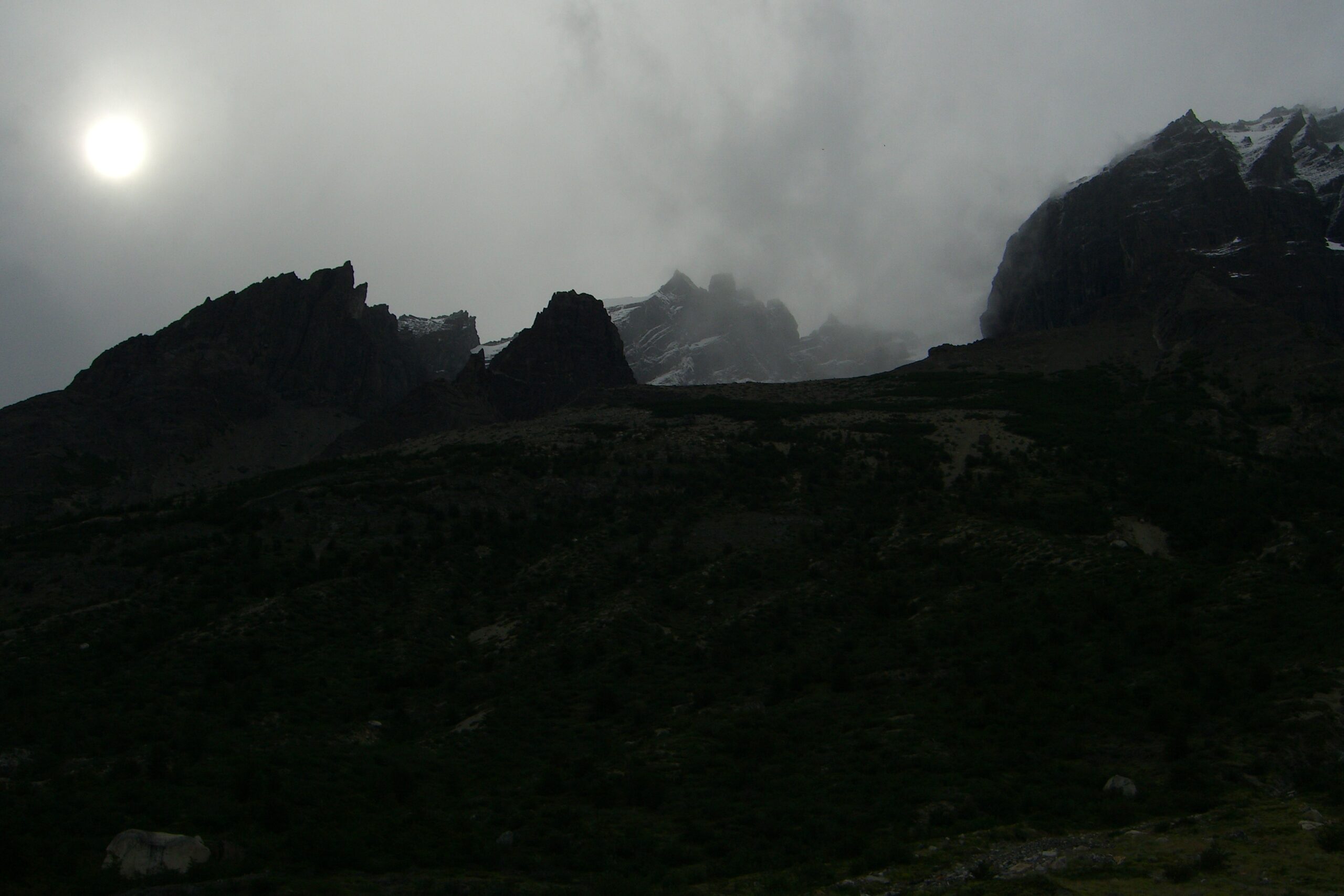 Cloud-covered mountains in Chilean Patagonia.