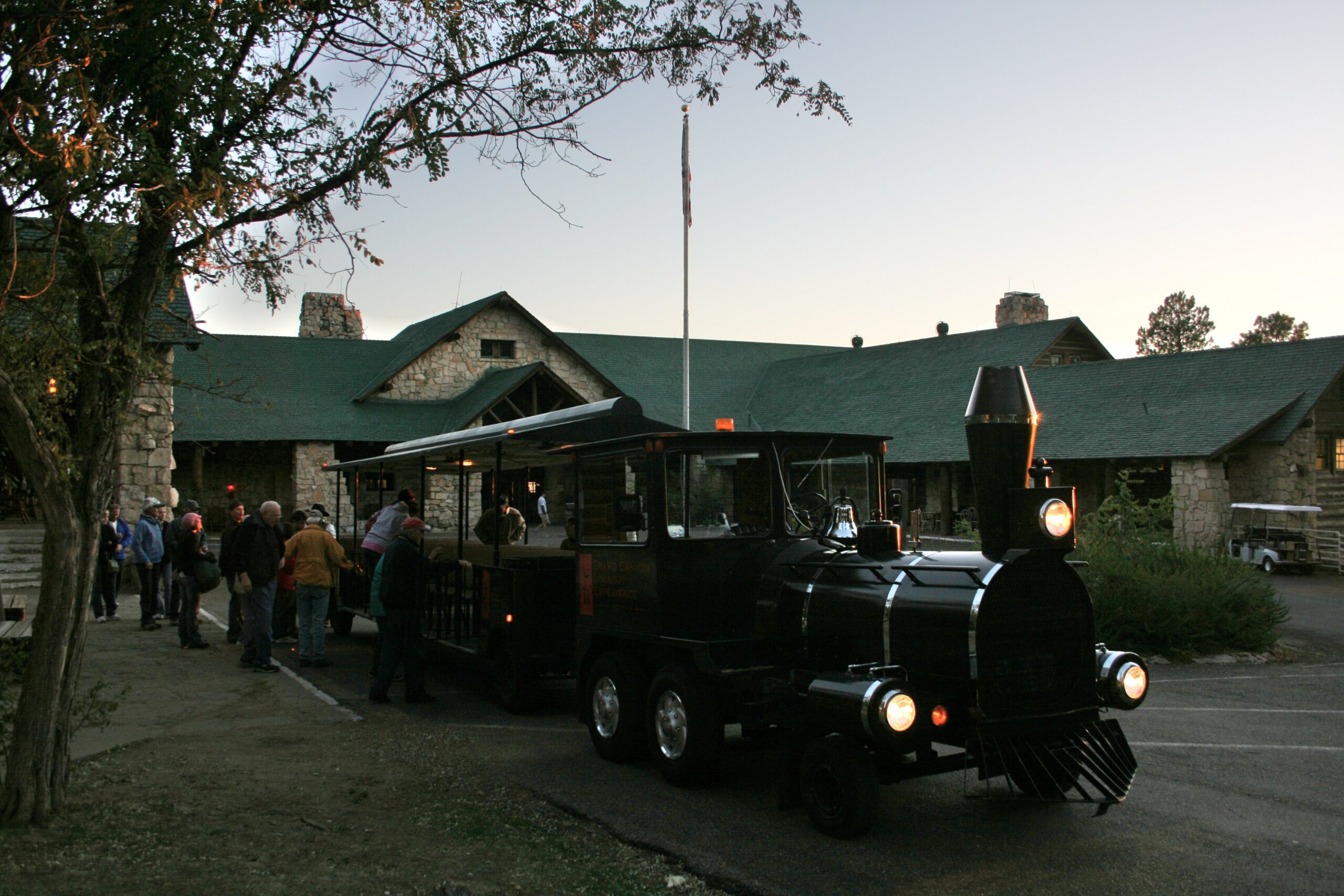 A truck-tram made to look like a 1920s train brings guests to the Grand Canyon Cookout Experience.