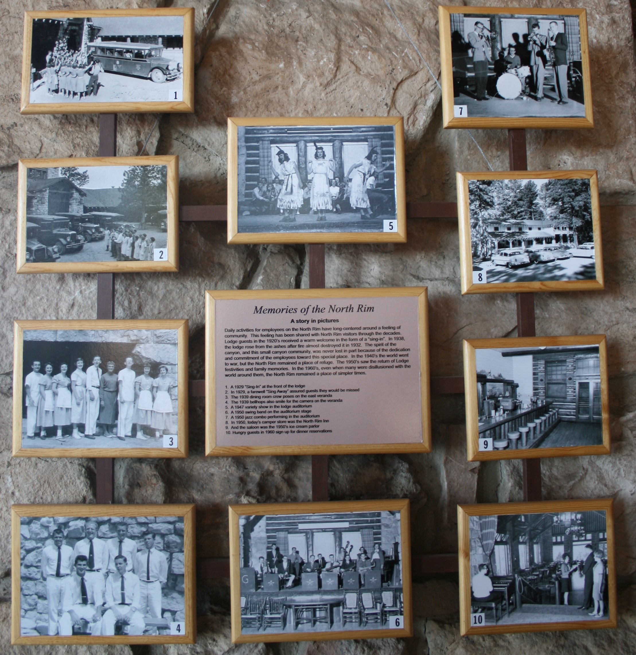 Vintage photos of earlier years at the Grand Canyon appear in the North Rim lodge.