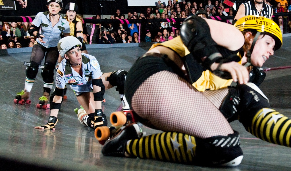 "Dahmernatrix" hits the track during the LA Derby Dolls 2009 championship game between The Swarm and The Tough Cookies. (photo by Marc Campos)