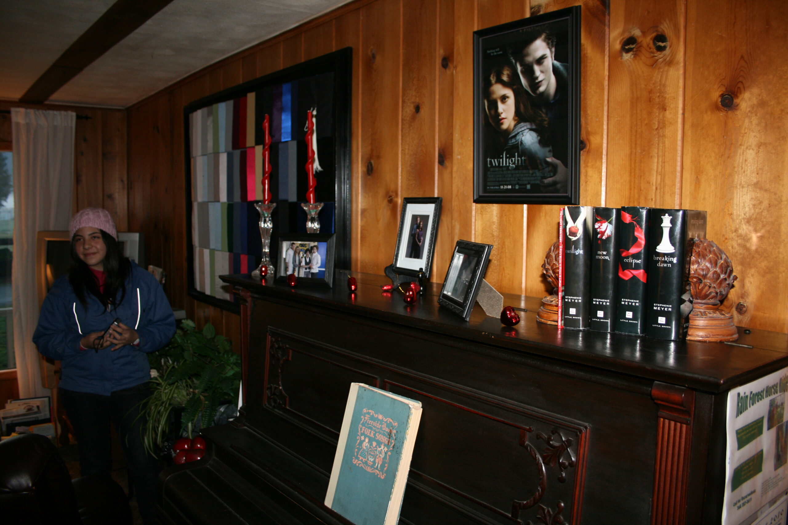 Twilight memorabilia and graduation caps sit in the living room of the Miller Tree Inn.