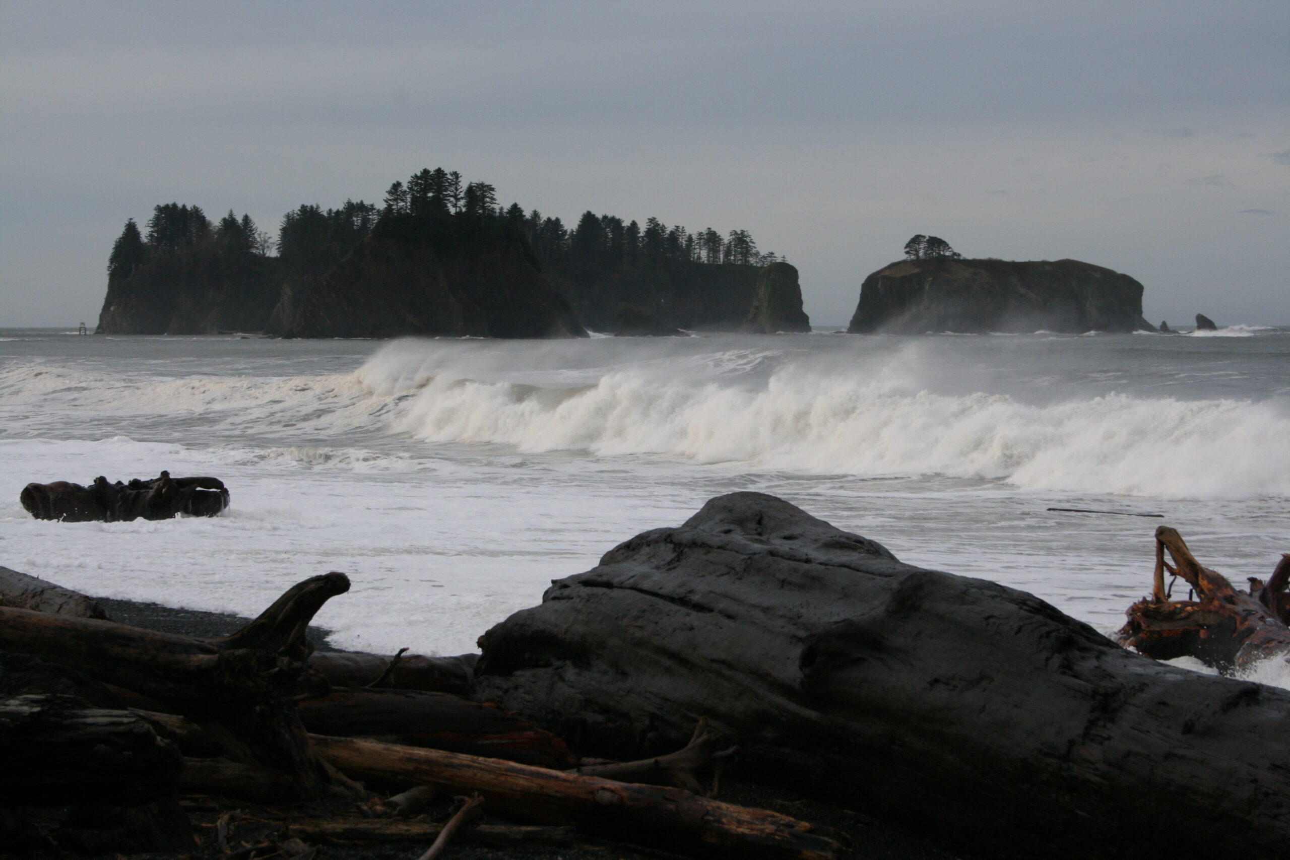 Waves crash onto First Beach in La Push, Washington.