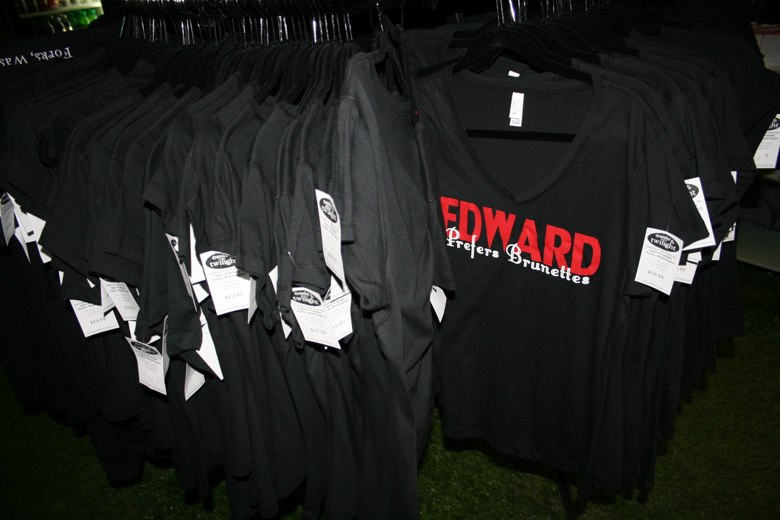 Souvenir T-shirts hang in the Dazzled by Twilight store in Forks, Washington.