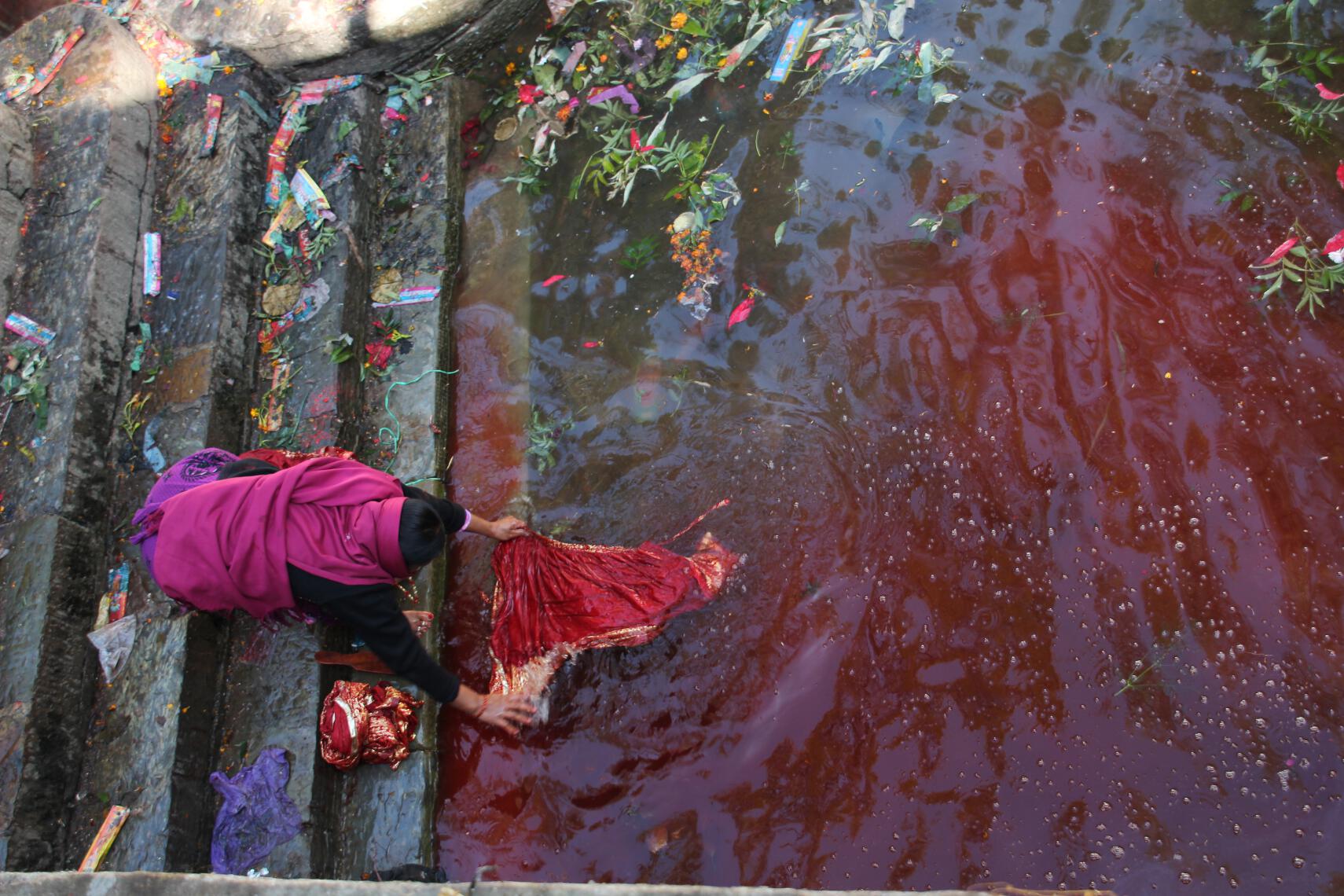 A woman soaks clothing in a blood-filled stream adjacent to the temple of Kali, Shiva's bloodthirsty consort.