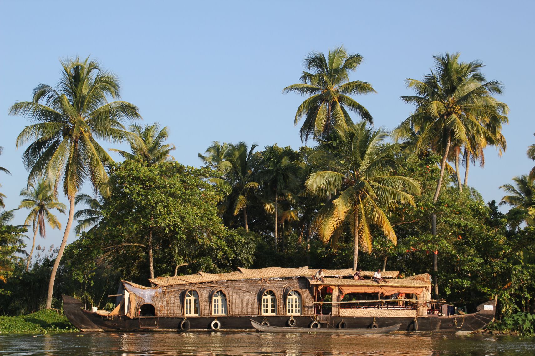 A houseboat sits on the Backwaters in Kerala, India.