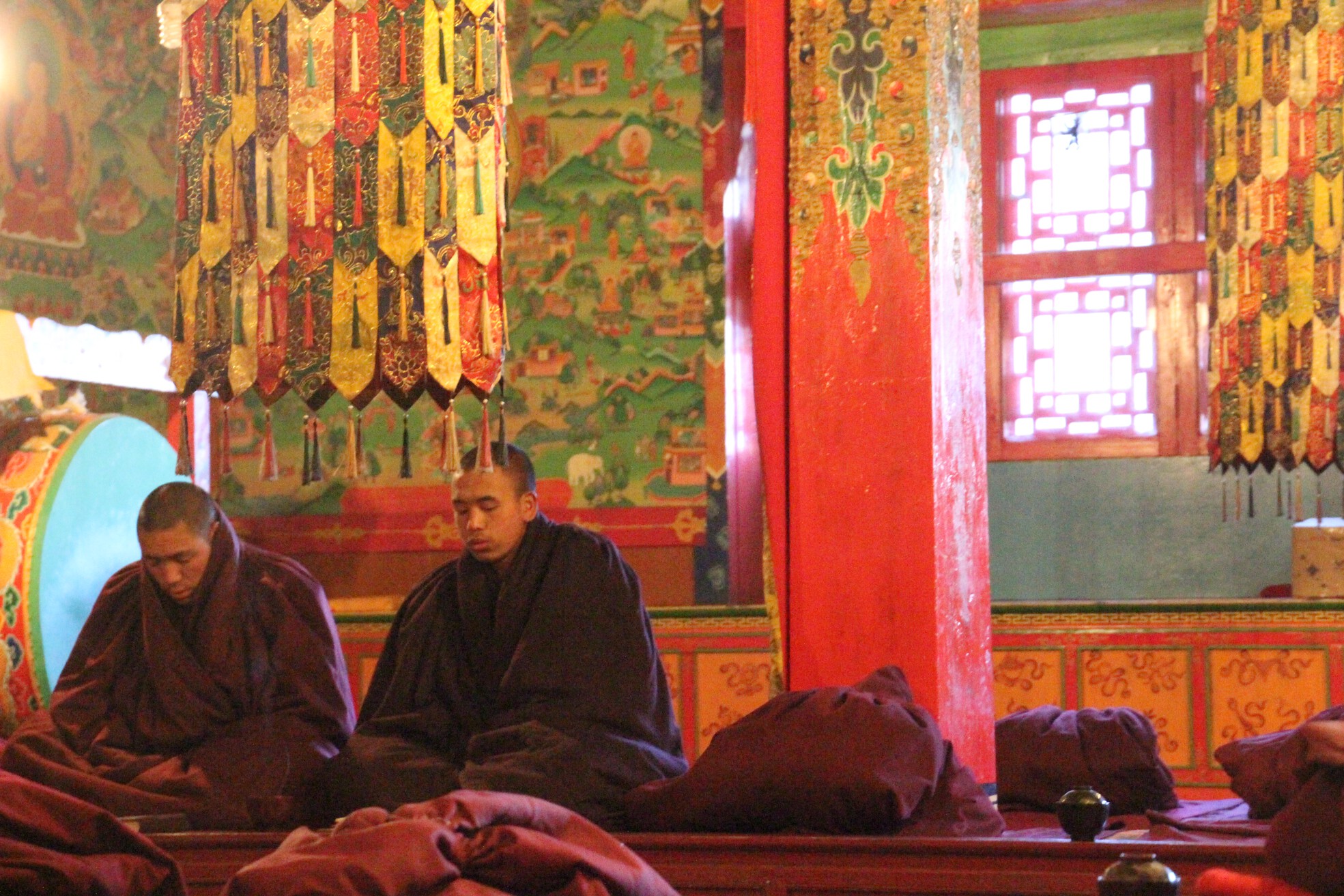 Monks meditate in the monastery in Tengboche, Nepal.