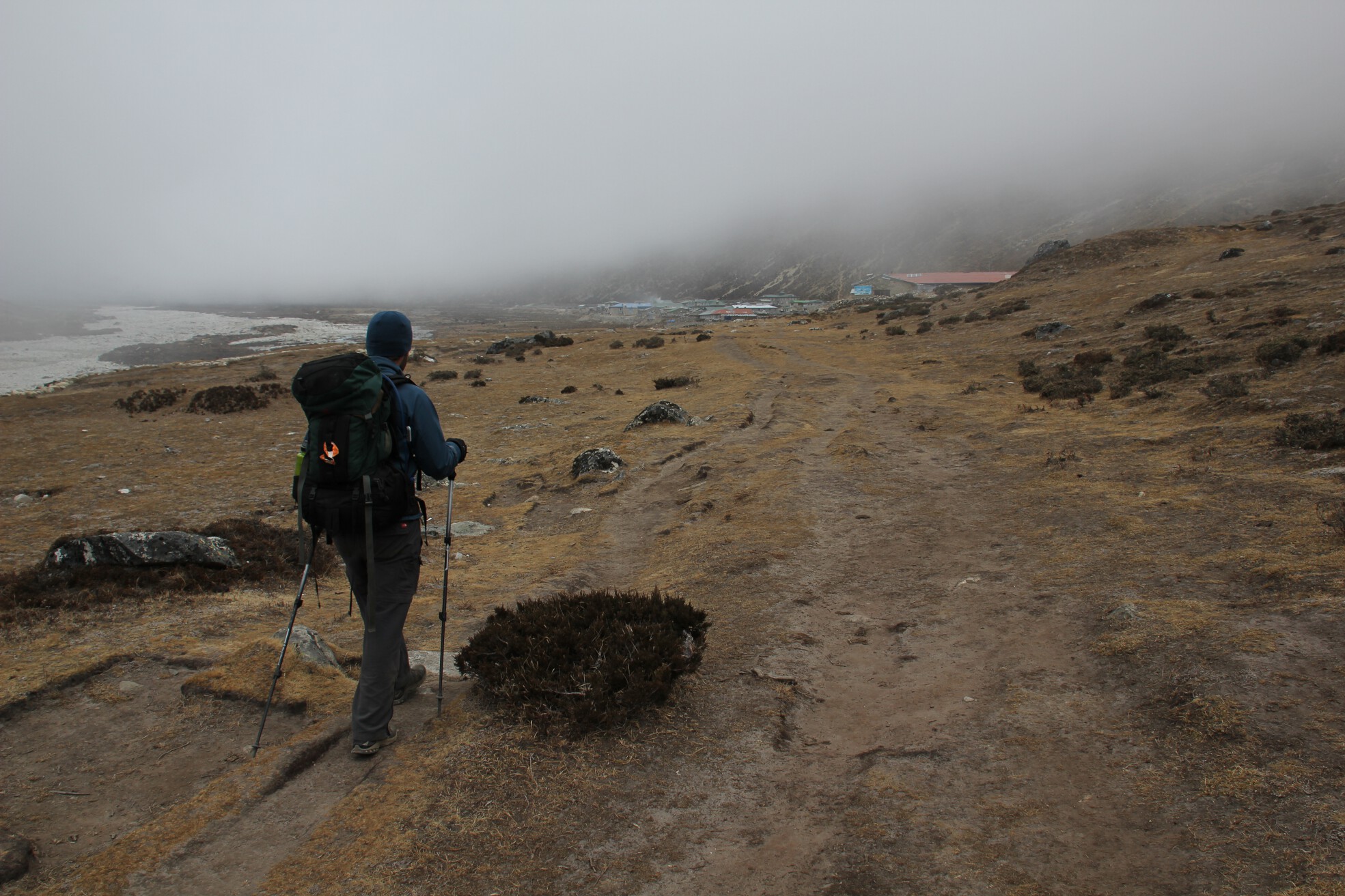 Brian becomes enveloped in fog as he walks toward Pheriche, Nepal.