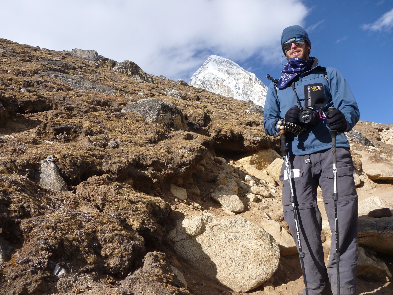 Brian hikes with a Canon SLR and Joby tripod near Everest Base Camp, Nepal.