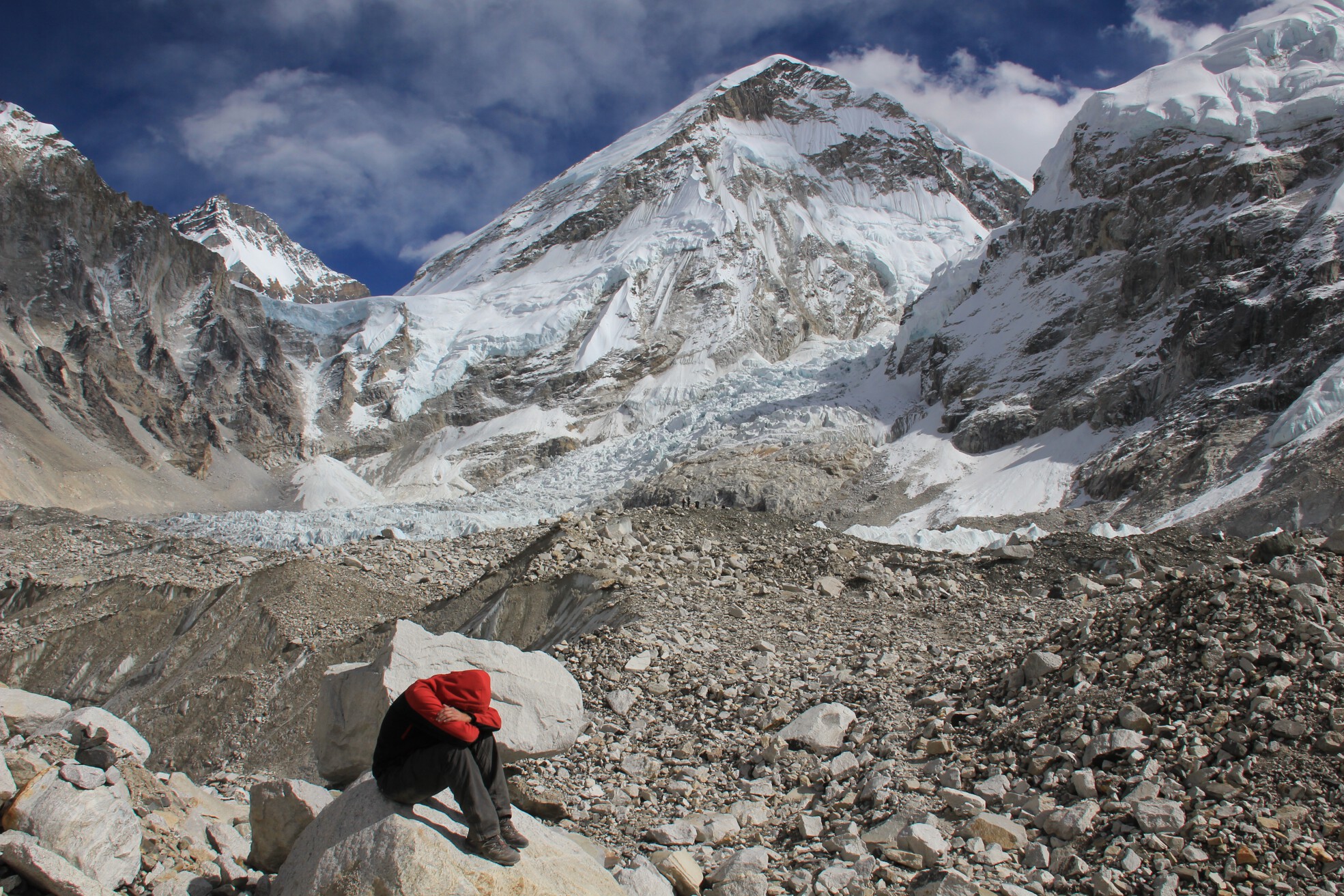 Hank stops to rest while feeling ill on the way to Everest Base Camp.