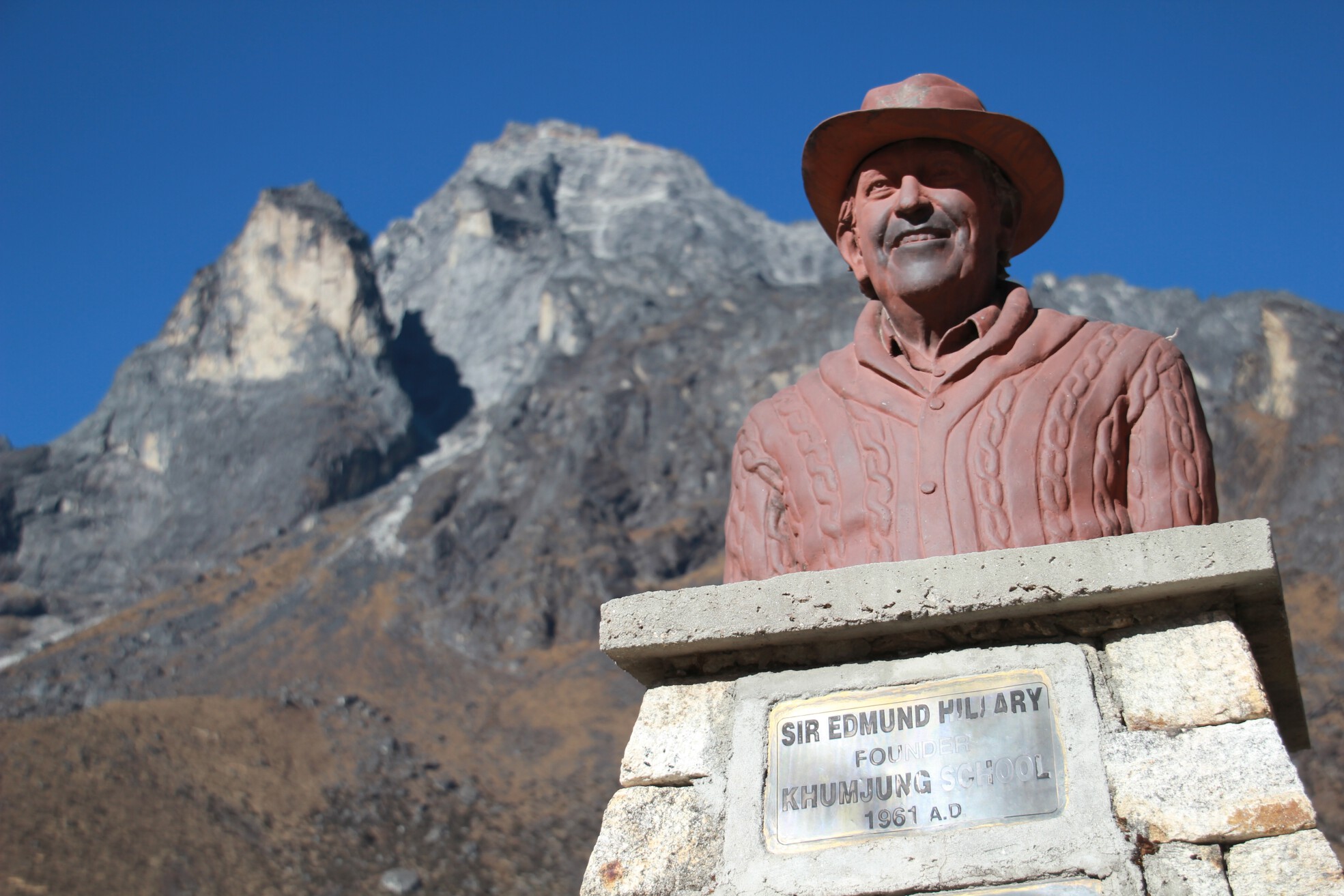 A statue of Sir Edmund Hillary stands in Khumjung, Nepal.