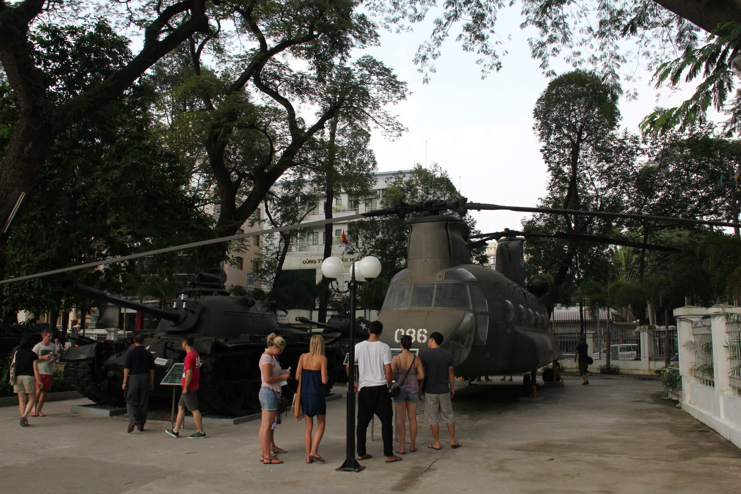 Downed American helicopters are displayed in front of the Ho Chi Minh City War Remnants Museum.