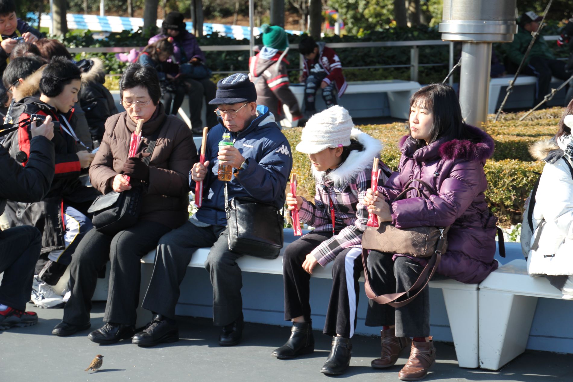 A Japanese family eats churros in Tokyo Disneyland.