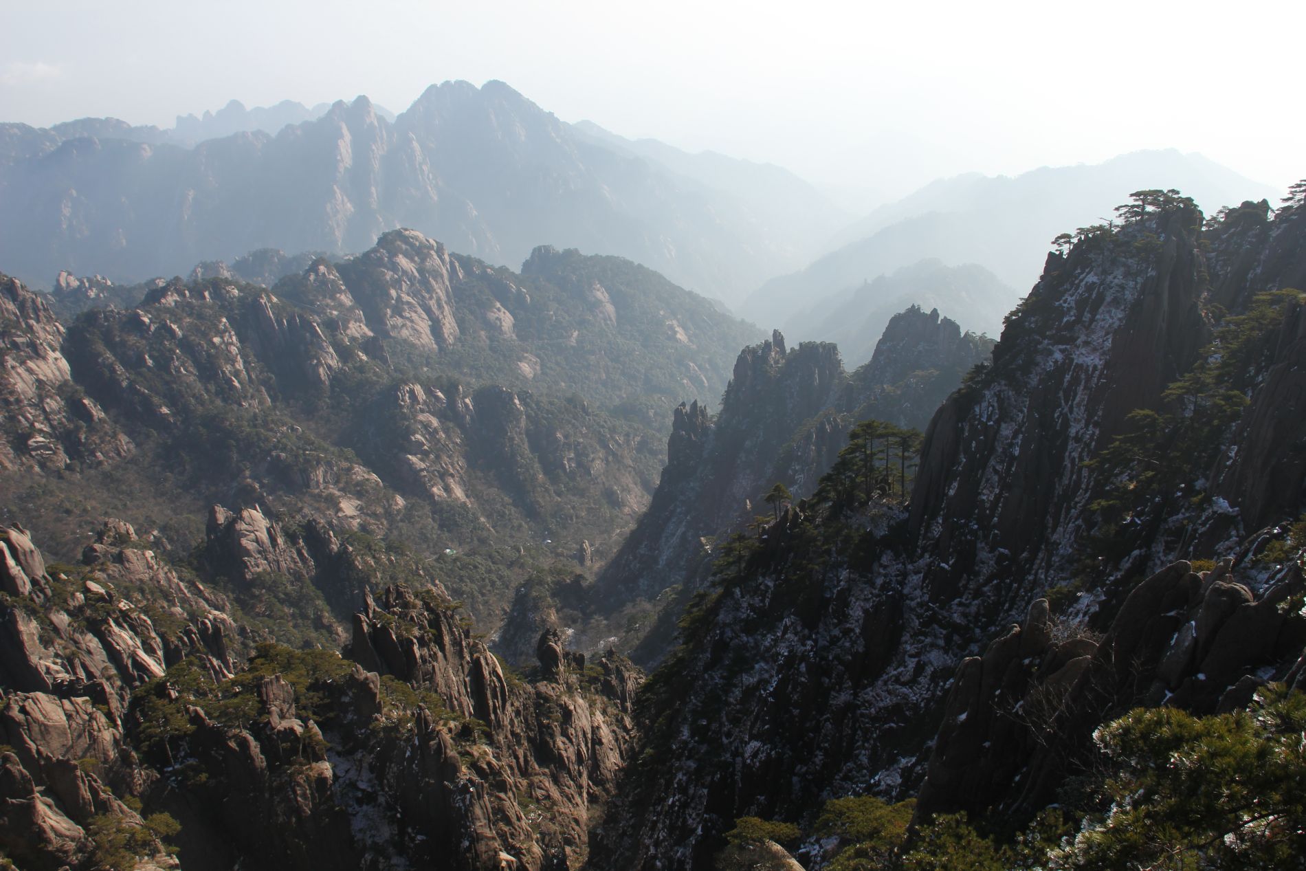 The sun shines on a particularly beautiful day on Huangshan's Bright Summit.