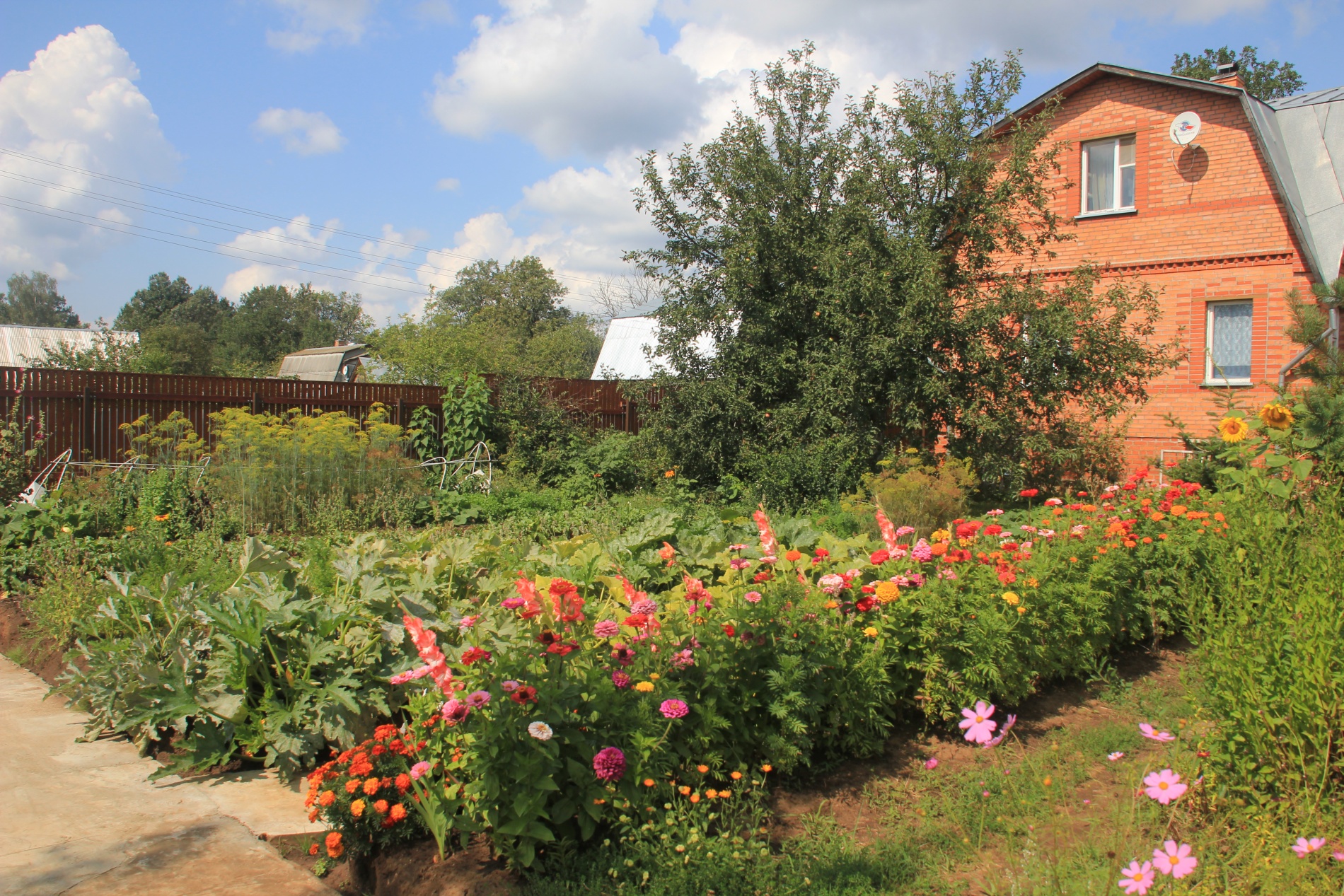 Flowers bloom in front a dacha, a typical Russian country home.