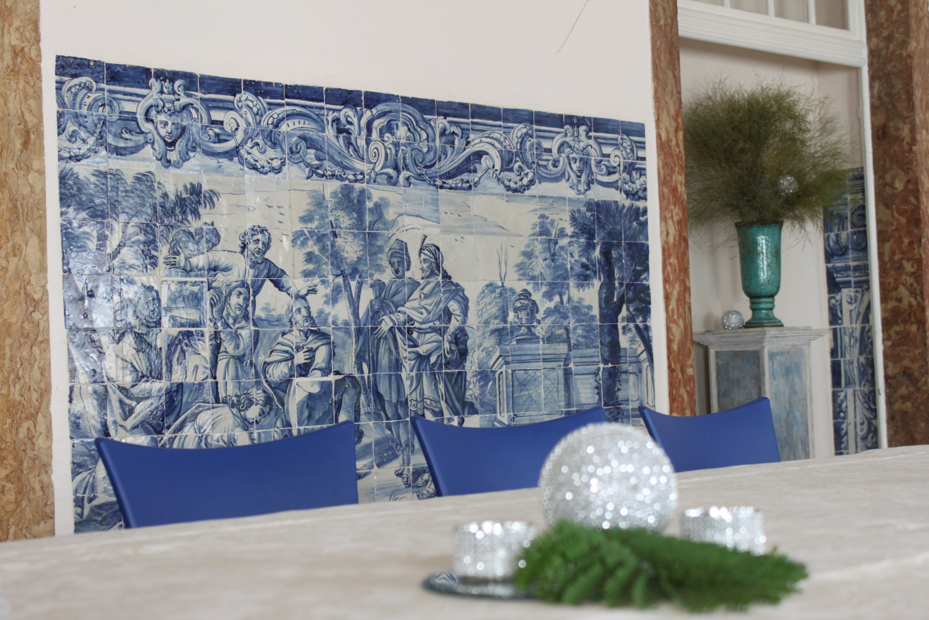 Azulejos cover the walls in Lisbon's exquisite Palacio Belmonte hotel.