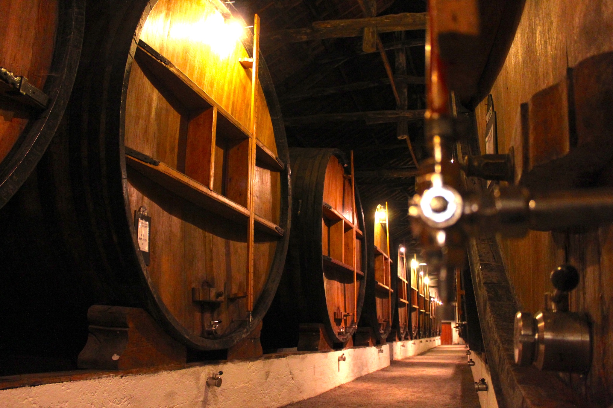 Wine ages in wooden barrels at Taylorâ??s Port Wine in Porto, Portugal.