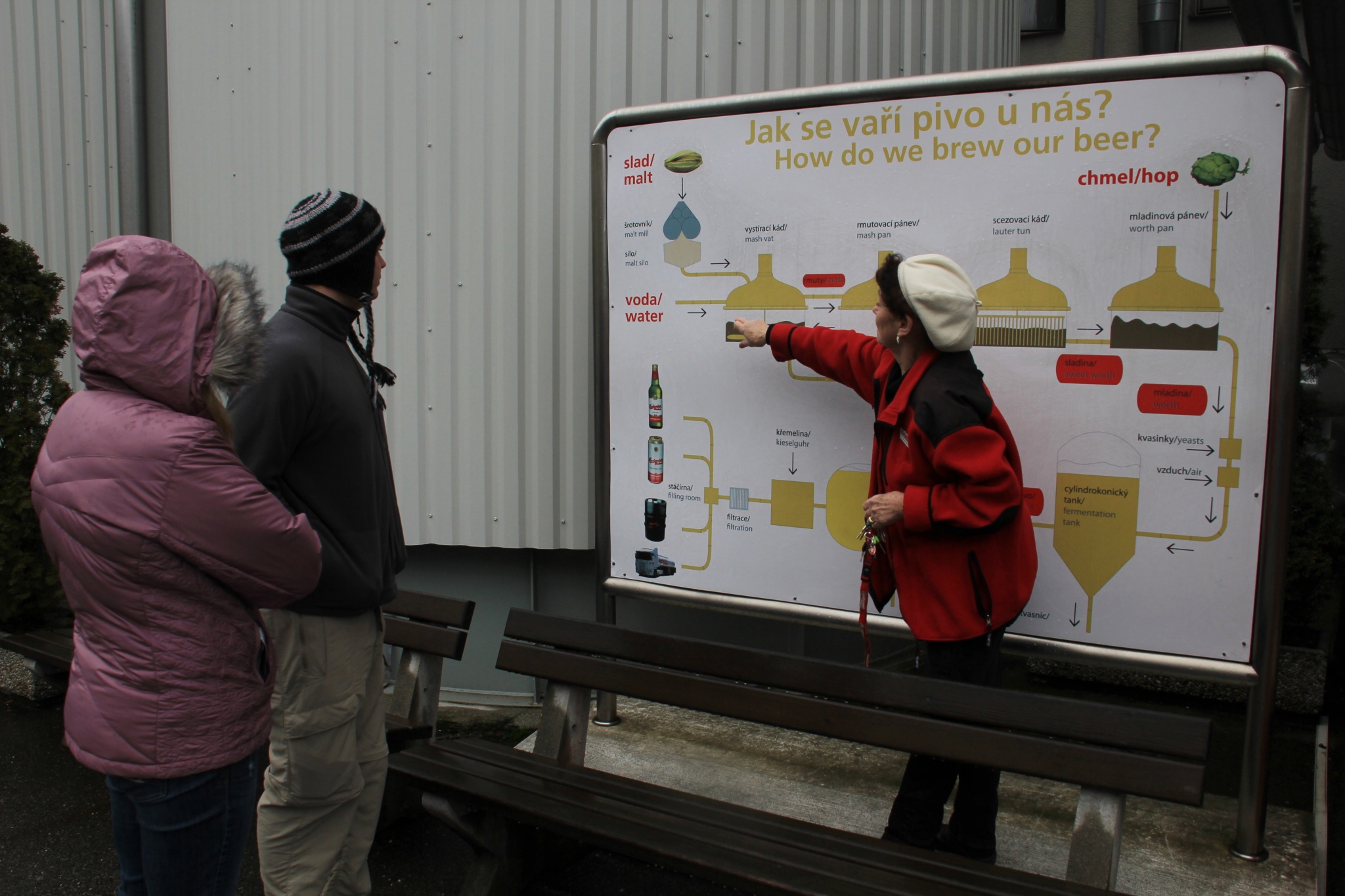 A tour guide explains the beer brewing process to tourists at Budweiser Budvar Brewery in Ä?esk&eacute; BudÄ?jovice, Czech Republic.