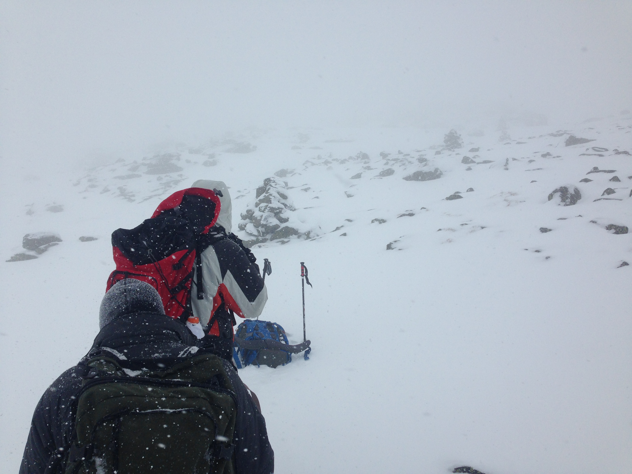 Hikers hike up Mount Washington's summit cone in near-whiteout conditions.