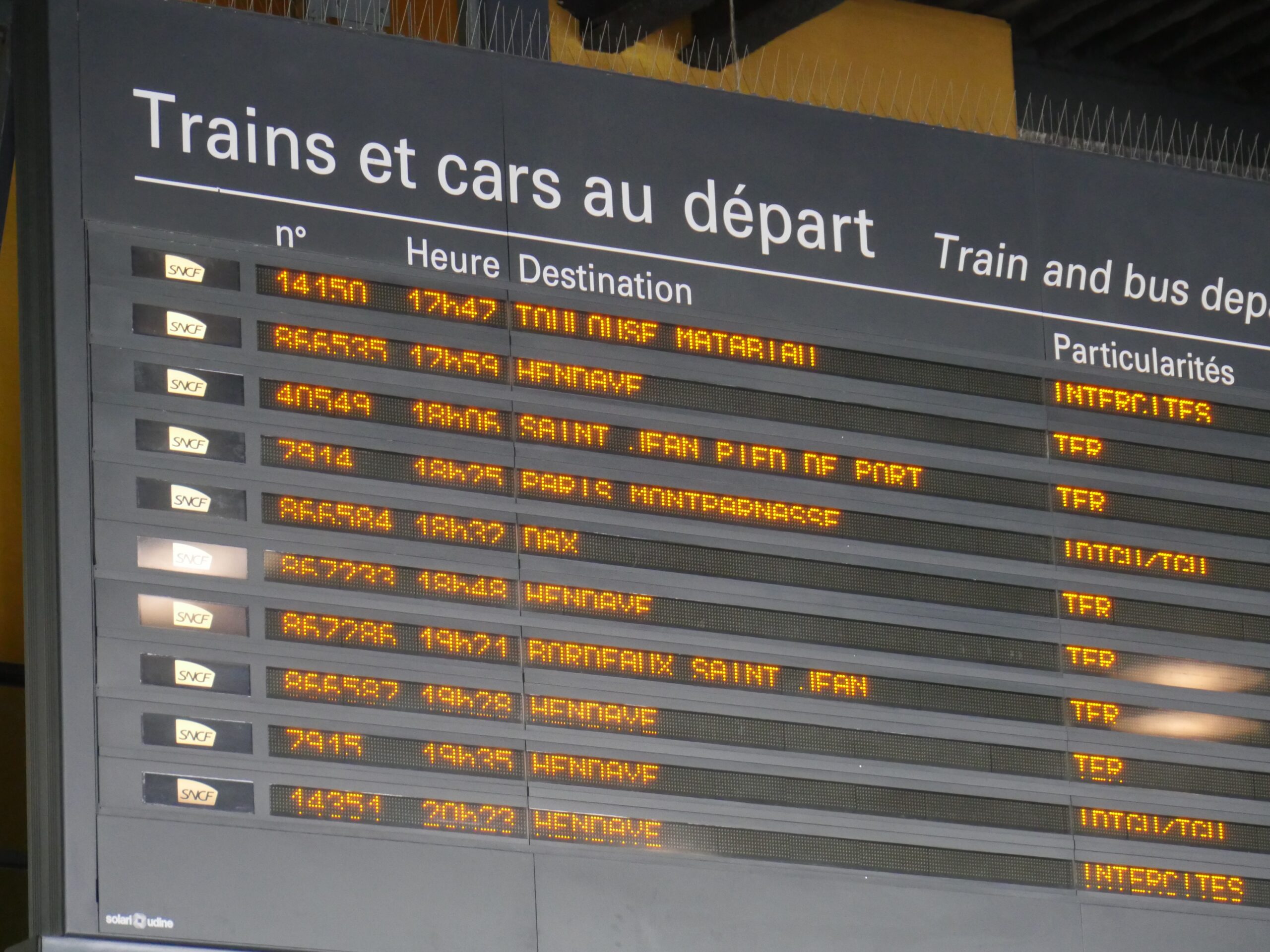 A departure board in the train station in Bayonne, France shows a departure to Saint-Jean-Pied-de-Port, where most people begin the Camino de Santiago.