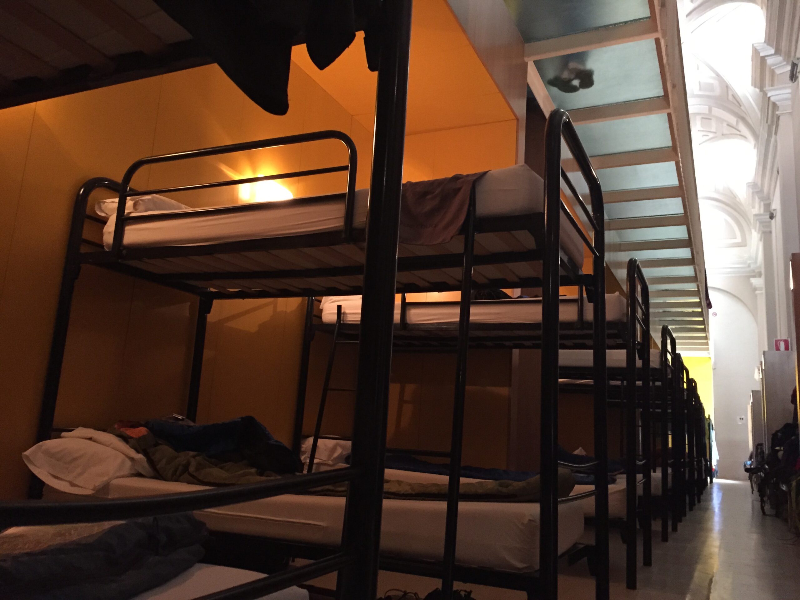 Bunk beds fill the Jes&uacute;s y Mar&iacute;a albergue in Pamplona, Spain.