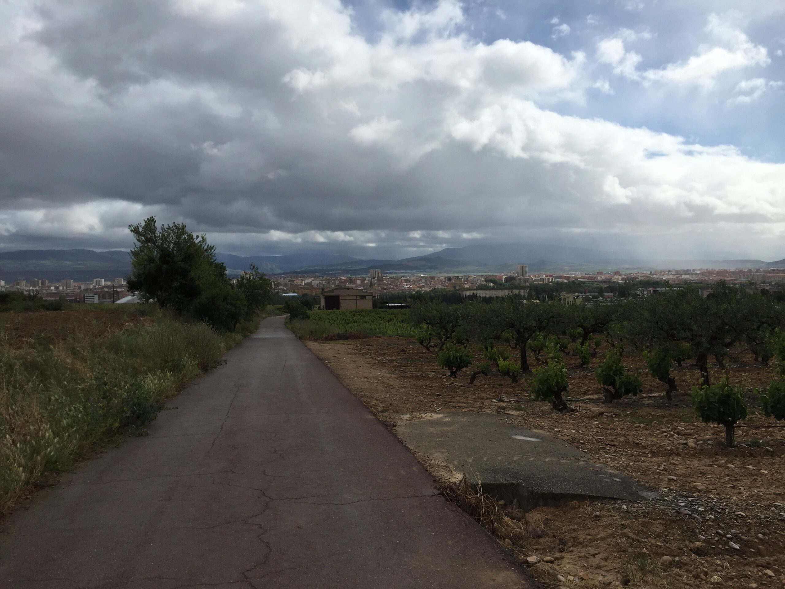 Storm clouds hover over the Camino de Santiago on the way to Puente La Reina, Spain.