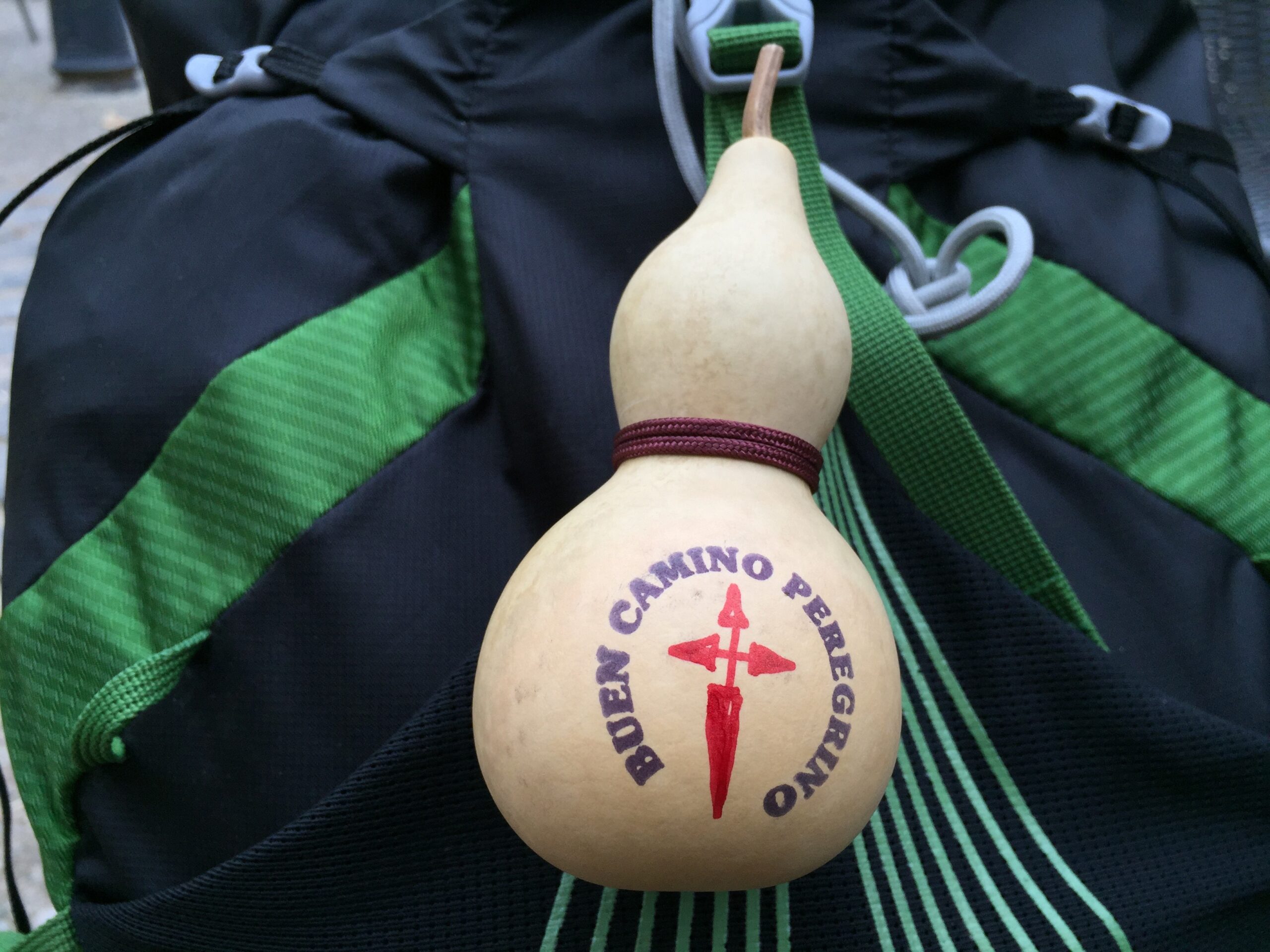 A gourd, representing those that medieval pilgrims used to carry water, sits strapped to my backpack after I received it as a gift from the owner of the sports store Planeta Agua in Logro&ntilde;o, Spain.
