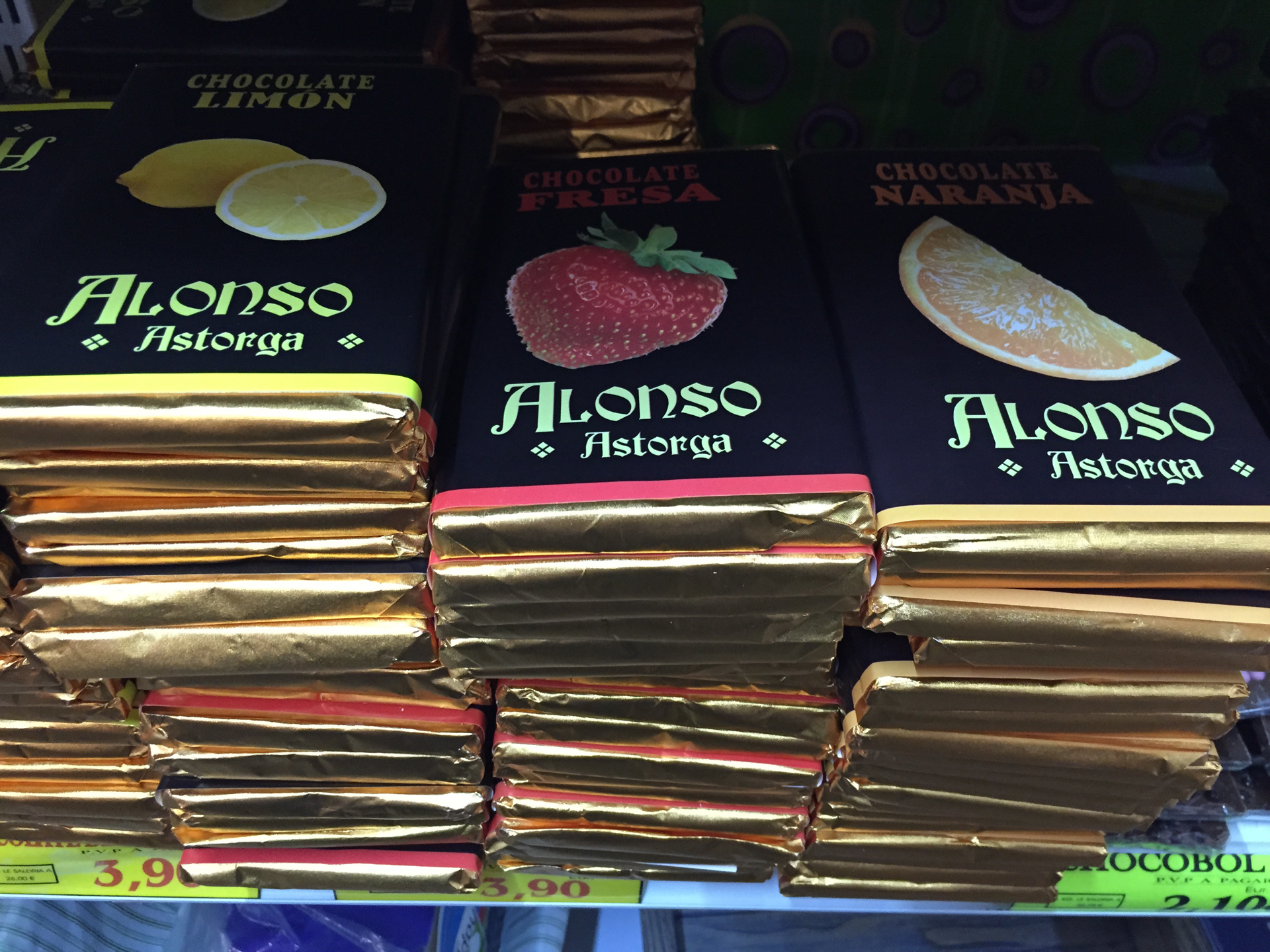Flavored chocolate sits in a gift shop in Astorga, Spain.