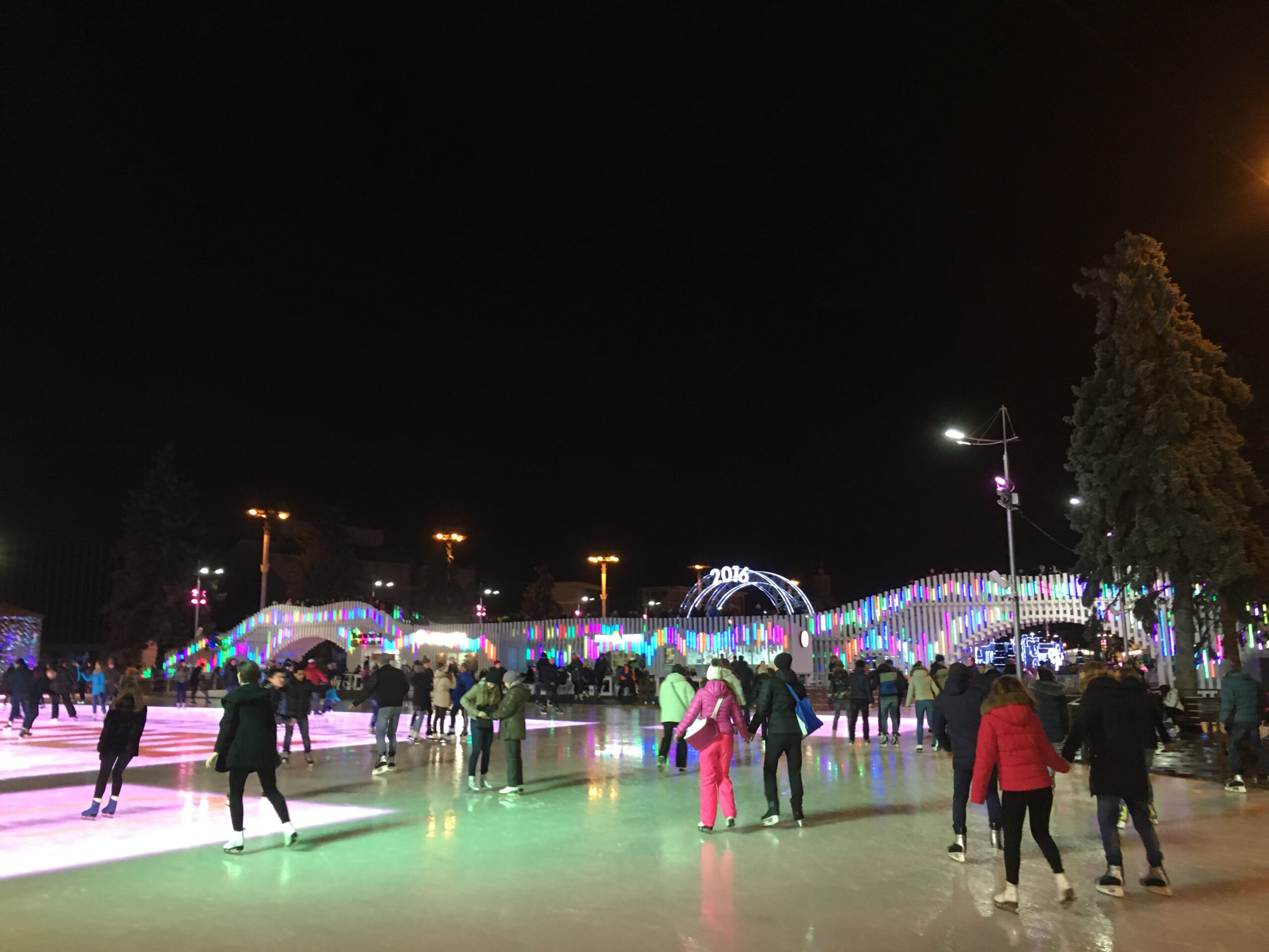 Ice skaters fill the rink at VDNKh in Moscow, Russia.