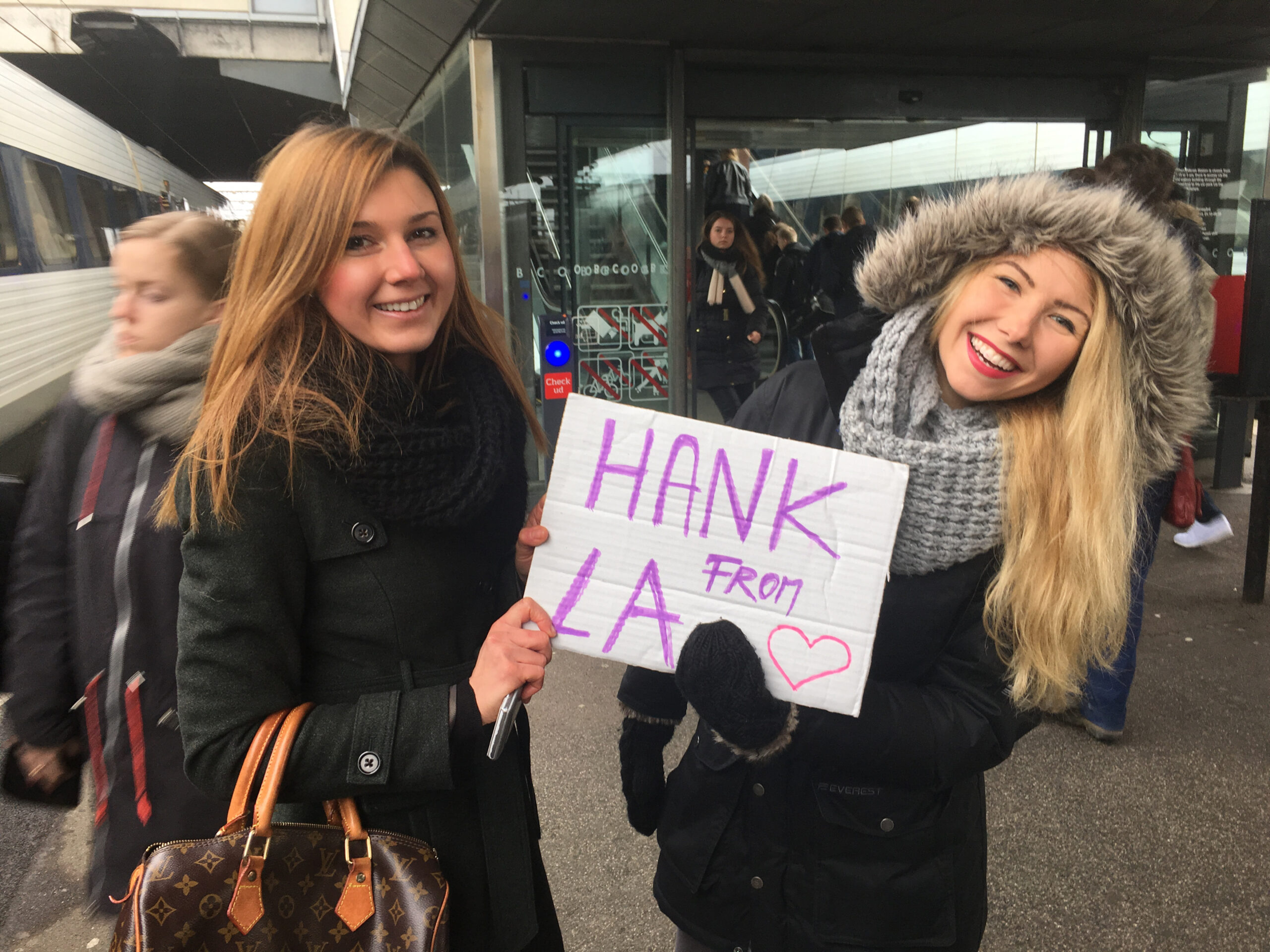 My friends Simona and Petra greet me with a sign at the train station in Odense, Denmark.