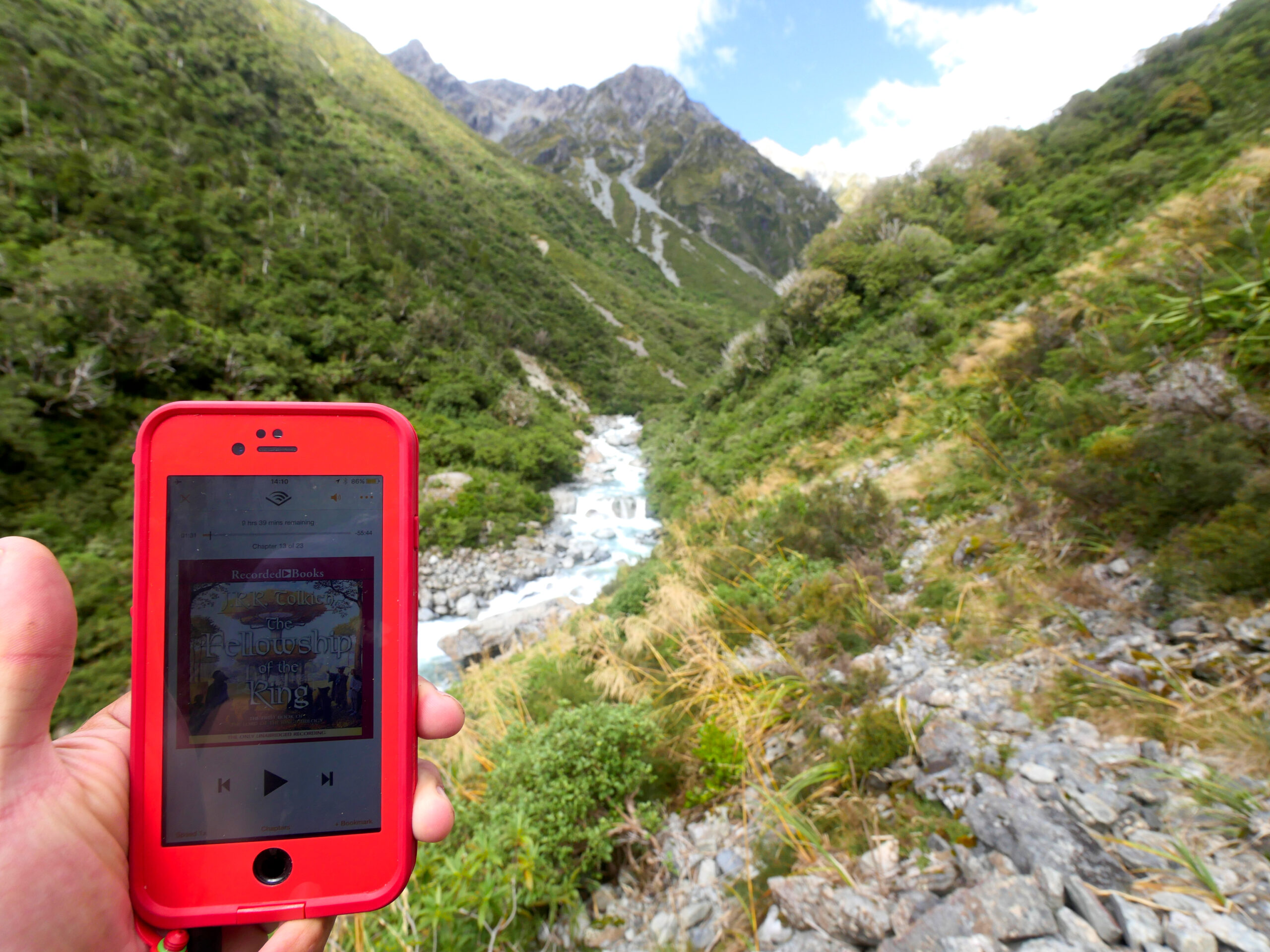 While hiking in Arthur's Pass National Park, I listened to the Lord of the Rings audiobook using my phone.