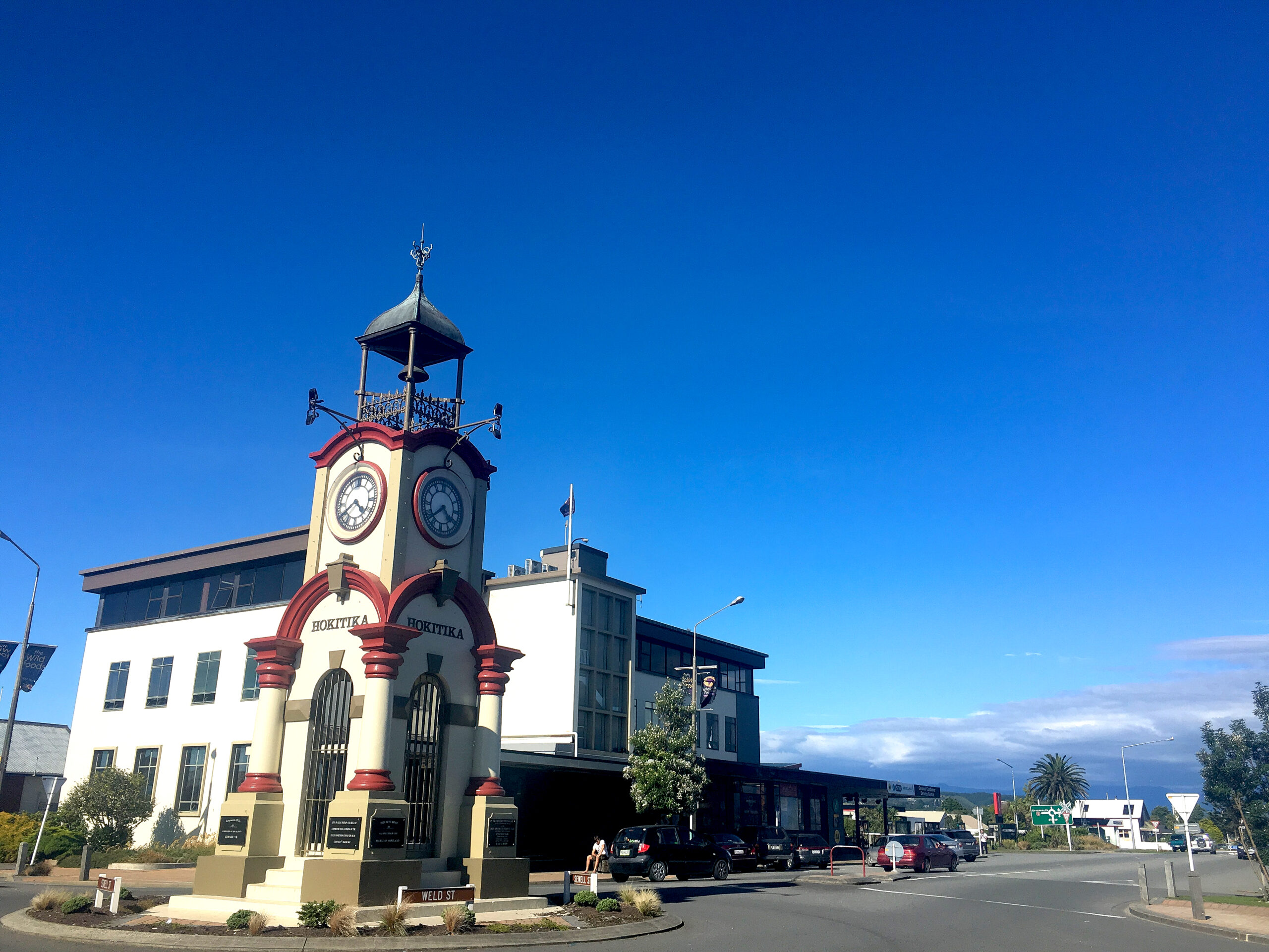 An iconic clocktower sits in the middle of Hokitika, New Zealand.