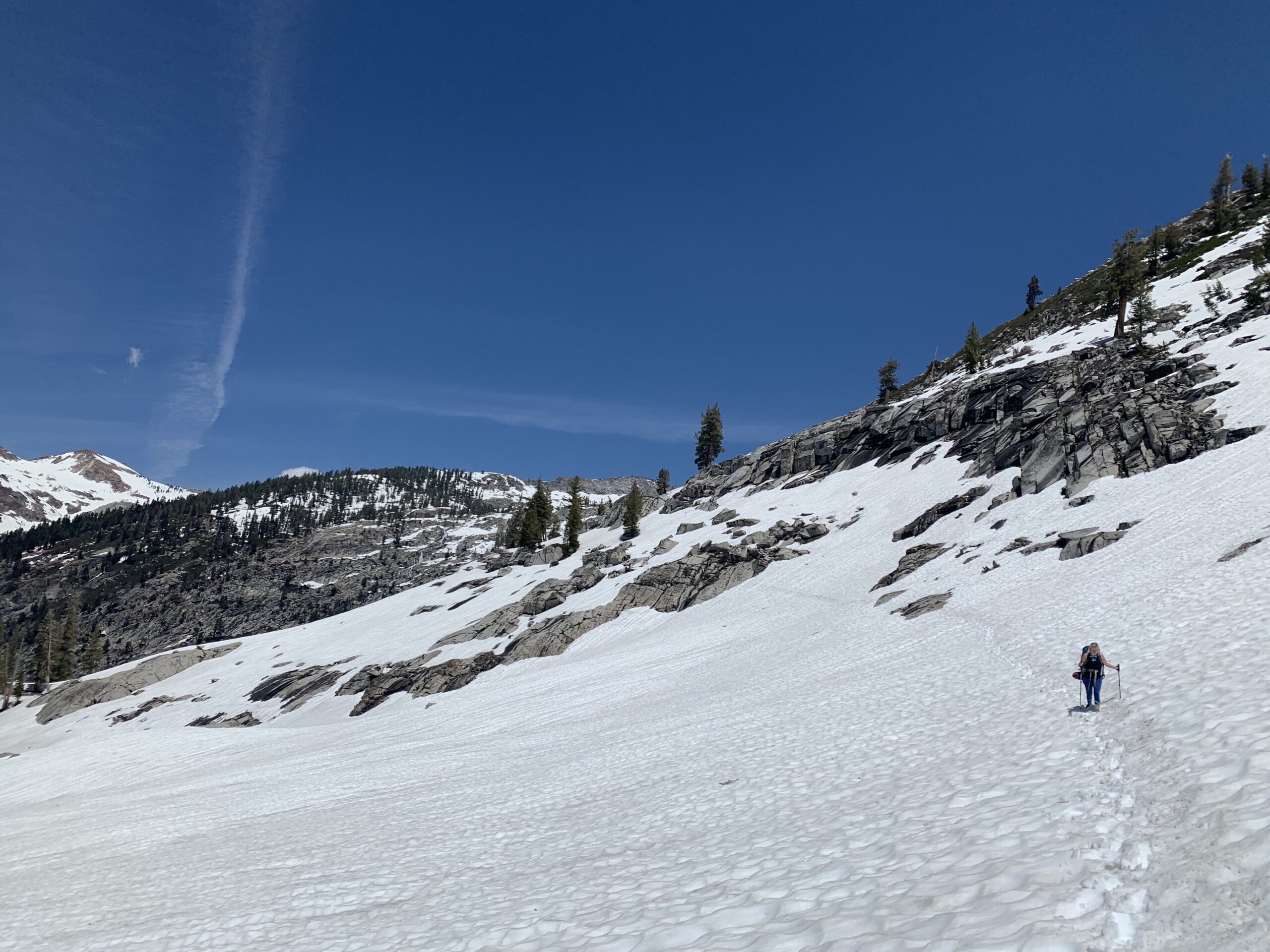 A snowshoer returns from Peak Lake in Sequoia National Park